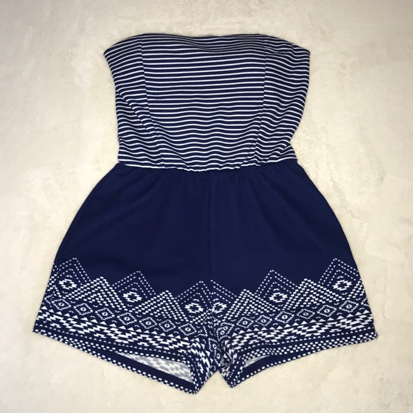 Blue and white strapless romper - Picture 1 of 3